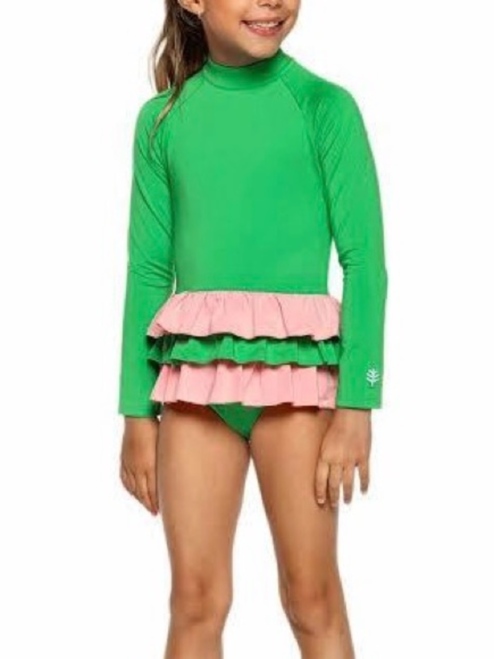 Coolibar Kailani Girls UPF 50+ Ruffle Long Sleeve Swimsuit Green Medium